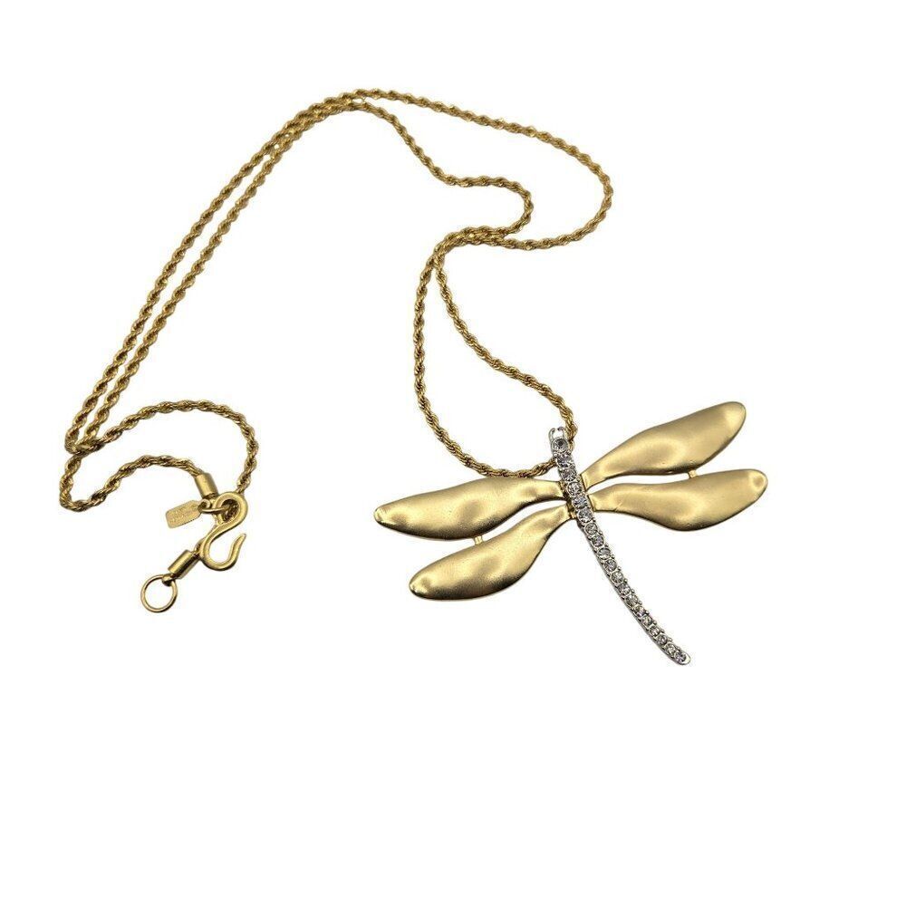 Kenneth Lane Large Dragonfly Dragon Fly Necklace Gold Satin Rope Chain 30"